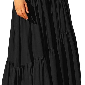 Women’s Boho Elastic High Waist Pleated A-Line Flowy Swing Asymmetric Tiered Maxi Long Skirt Dress with Pockets