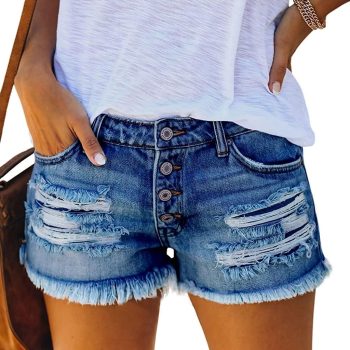Women Ripped Denim Jean Shorts Mid Rise Summer Hot Raw Hem Casual Shorts