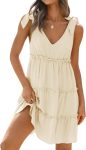 Women's Summer Casual V Neck Sleeveless Mini Dress  Tie Shoulder Tiered Ruffle Swing A Line Short Sundresses