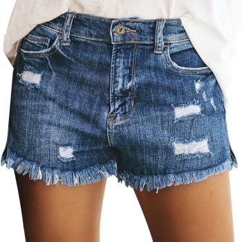 Women's Casual Mid Rise Denim Shorts Stretch Ripped Raw Hem Jean Shorts