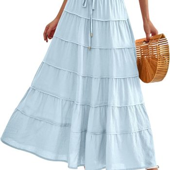 Women Summer Tiered Maxi Skirt Drawstring Elastic Mid-Waist A Line Boho Beach Dress Flowy Long Skirts with Pocket