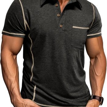 Men's Casual Polo Shirts Button Collared Short Sleeve T Shirt Classic Stylish Pullover Tee with Pocket