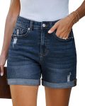 Jean Shorts Womens Stretchy High Waisted Ripped Denim Shorts with Pockets Trendy Distressed Cut Off Shorts
